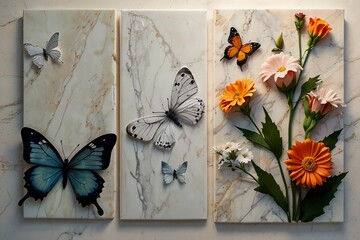 Marble wall art panel decoration with flowers designs and butterfly silhouette