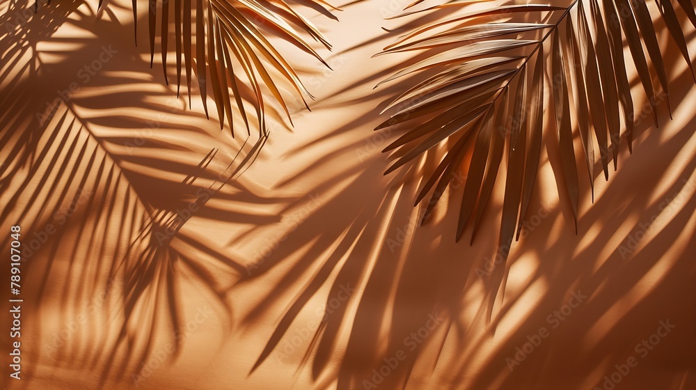 Wall mural Shadows of tropical leaves of a palm tree on a brown background Top view flat lay Banner : Generative AI