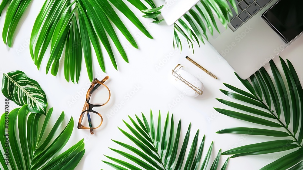 Poster home office workspace with laptop palm leaf and accessories flat lay top view : generative ai