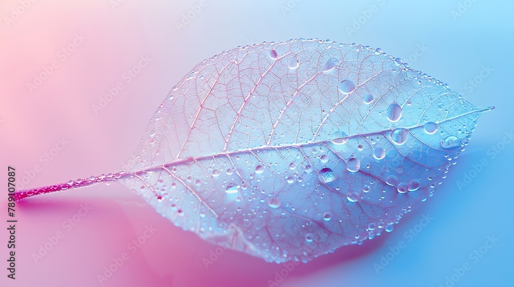 Poster transparent skeleton leaf with beautiful texture on a blue and pink background glass with shiny wate