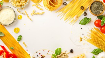 Frame with spaghetti and various ingredients for cooking pasta on a white background top view Flat lay : Generative AI - Powered by Adobe