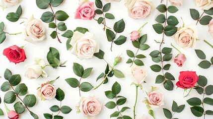 Floral pattern made of pink and beige roses green leaves branches on white background Flat lay top view Valentines background Floral pattern Pattern of flowers Flowers pattern texture : Generative AI - obrazy, fototapety, plakaty