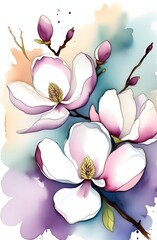 Illustration of magnolia flowers in watercolor. Pink spring magnolia flowers. Flowers in close-up.
