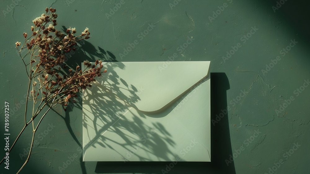 Poster white blank card craft envelope and dry flowers plant on green background top view flat lay mockup c