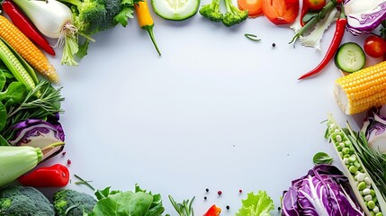 Food background border frame of colorful fresh produce raw vegetables corn carrot chilli cucumber purple cabbage spinach rosemary herb plenty of copyspace : Generative AI - Powered by Adobe