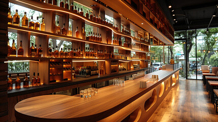 Elegant bar interior with wooden shelves and lighting.
