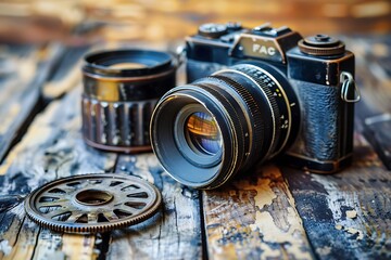: A rustic camera lens with a vintage film reel, - obrazy, fototapety, plakaty