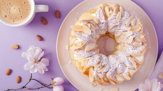 Classic French dessert Paris Brest with custard cream Cake Paris  Brest with praline cream powdered sugar and almond petals a cup of coffee on a purple background Vertical orientation  : Generative AI
