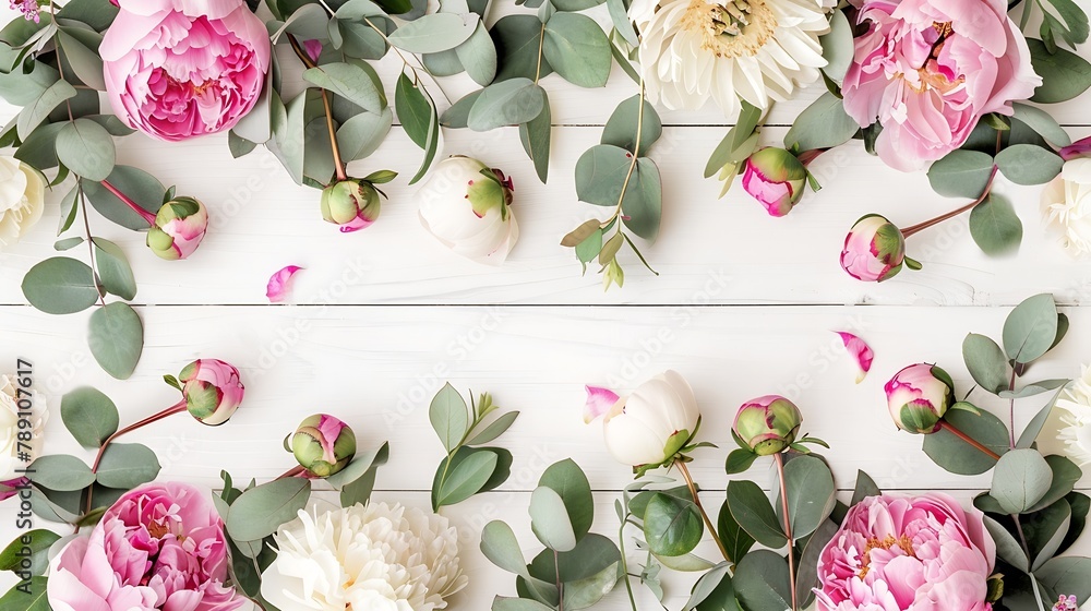 Poster border frame made of pink and beige peonies flower buds eucalyptus branches and leaves isolated on w