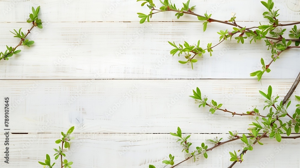 Poster spring plant over wood background decorative plant branch top view on white wooden background with f