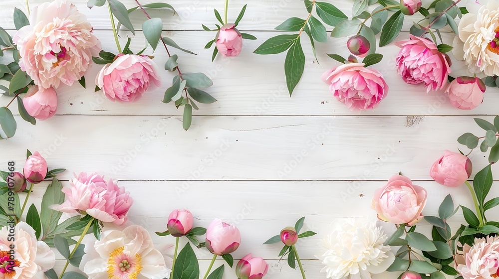 Poster border frame made of pink and beige peonies flower buds eucalyptus branches and leaves isolated on w