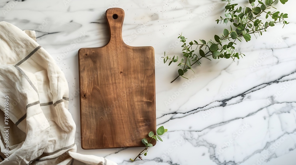 Aufkleber wood cutting board with linen napkin and plant on marble table with copy space top view : generative