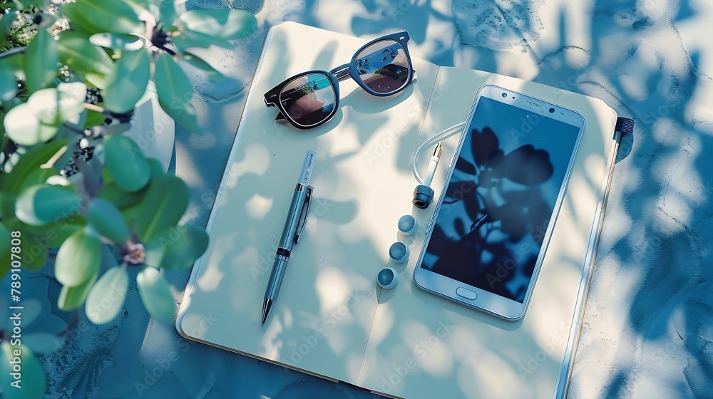 Aufkleber flat lay photography with smart phone earphone notebook and pen camera sunglasses and garden tree : 