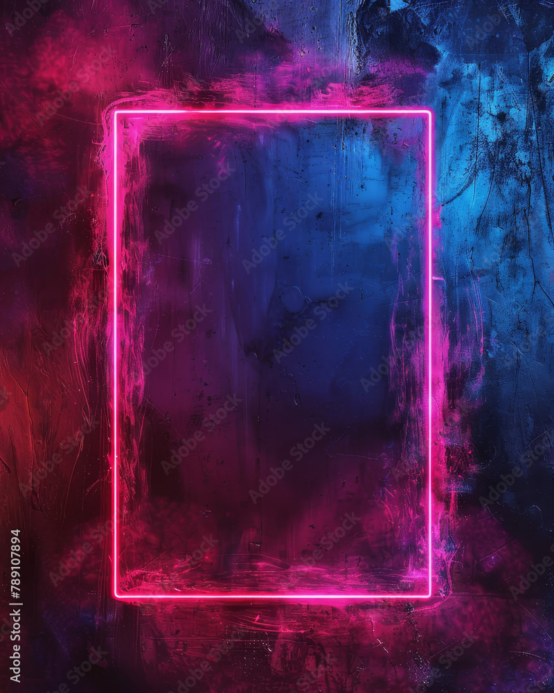 Canvas Prints Pink and purple neon square on a wet, concrete background.