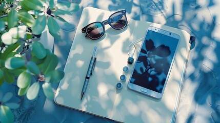 Flat lay photography with smart phone earphone notebook and pen camera sunglasses and garden tree : Generative AI - Powered by Adobe