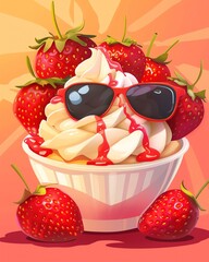 Cartoon strawberry sundae, sunglasses on, shiny day, front view, vibrant animation