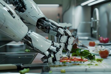 : A robotic chef meticulously prepares a gourmet meal, its metallic arms wielding utensils with precise movements.
