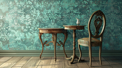 Vintage style table and chair on light green wallpaper