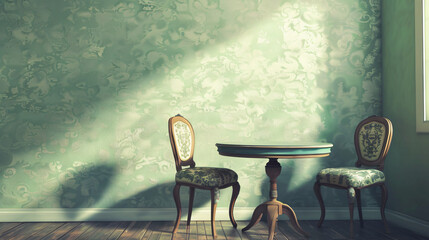 Vintage style table and chair on light green wallpaper