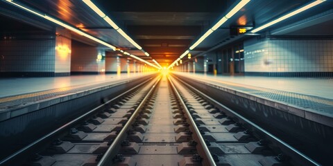 A train station with a long train track