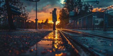 A person is standing on a train track in the rain - Powered by Adobe