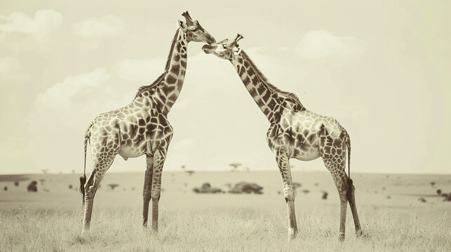 Vintage style black and white image of giraffes 