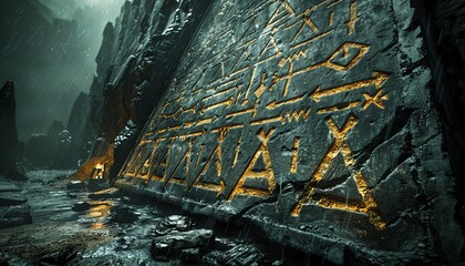 Closeup of the ancient runes etched into modern city walls reveals a mysterious connection between past and present, bridging the gap between ancient wisdom and contemporary life Explore the enigmatic