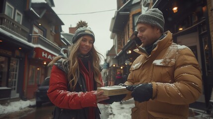 Mans kind gesture of sharing food with woman on snowy street - obrazy, fototapety, plakaty