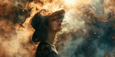 Naklejka premium A woman in a black dress and hat is standing in front of a cloud of smoke