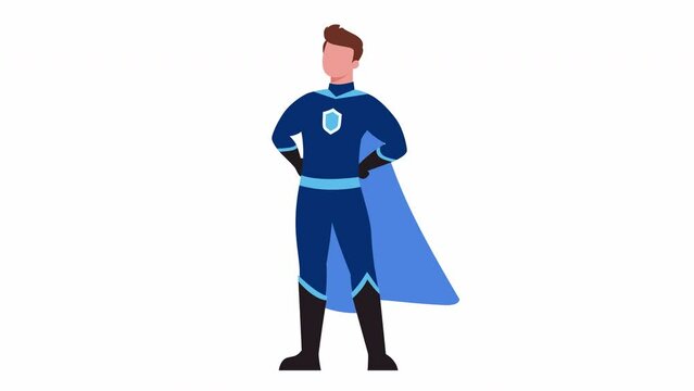 Animation of standing protector with waving cape. brave security hero character, video on transparent background.