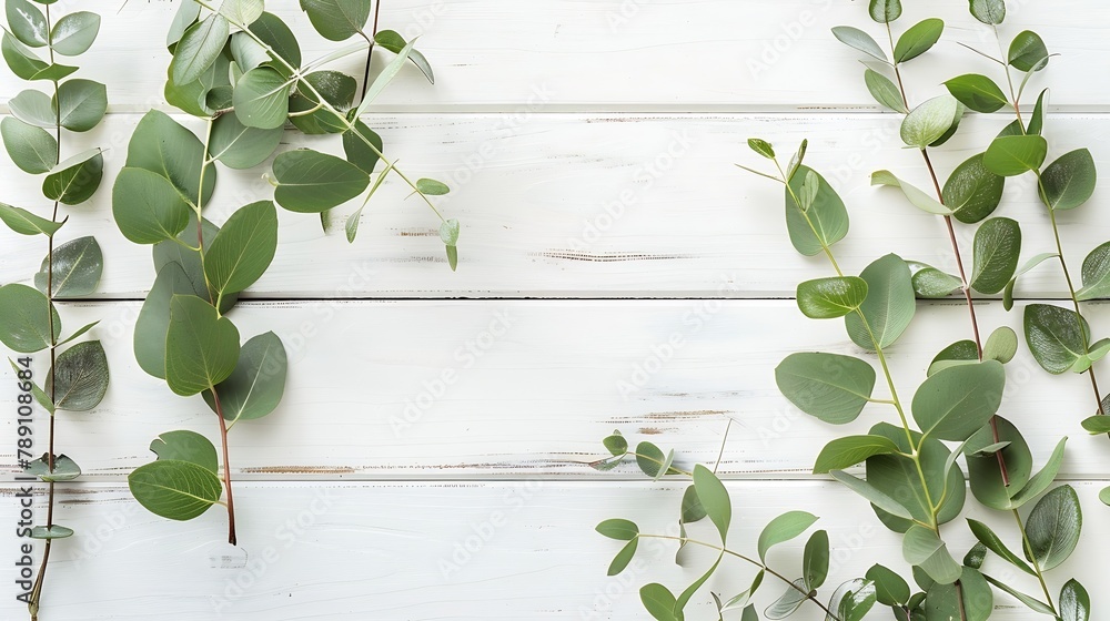 Poster eucalyptus branches and leaves on wooden rustic white background minimal background eucalyptus on wh