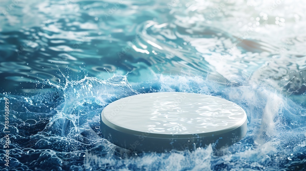 Aufkleber empty white circle podium on transparent clear dark blue water texture with splashes and waves in su