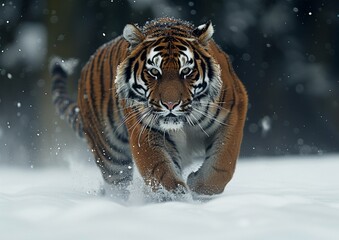 Tiger running in the snow. - obrazy, fototapety, plakaty