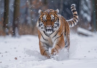 Fototapeta premium Tiger running in the snow.