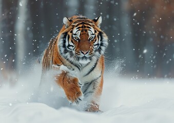 Tiger running in the snow.