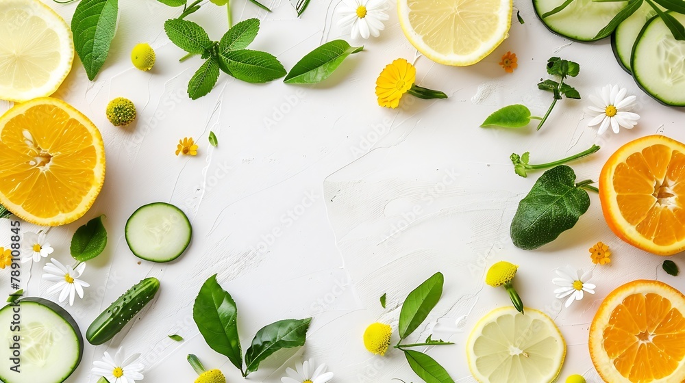 Poster colorful frame with fresh citrus fruits cucumbers leaves and flowers flat lay on white table : gener