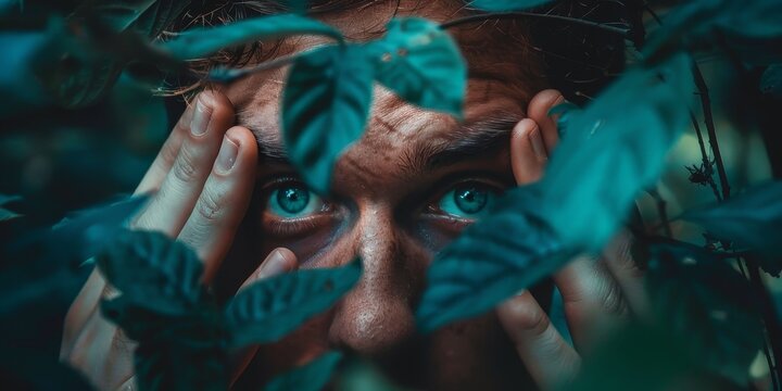 A man with blue eyes is looking at the camera through a green leafy background
