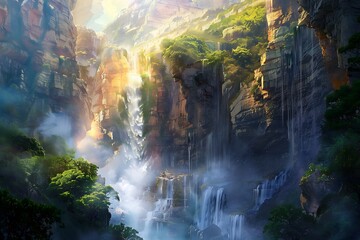 : A raging waterfall cascading down a cliff face, mist rising from the churning pool below,...