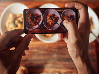 Food, person and smartphone for picture with meal, kitchen and culinary art for cooking in...