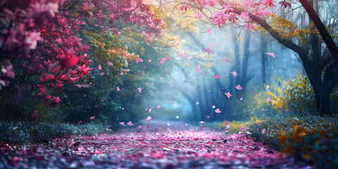 A beautiful scene of a forest with pink and yellow leaves falling from the trees