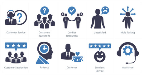 A set of 10 customer service icons as customer service, customer questions, conflict resolutions