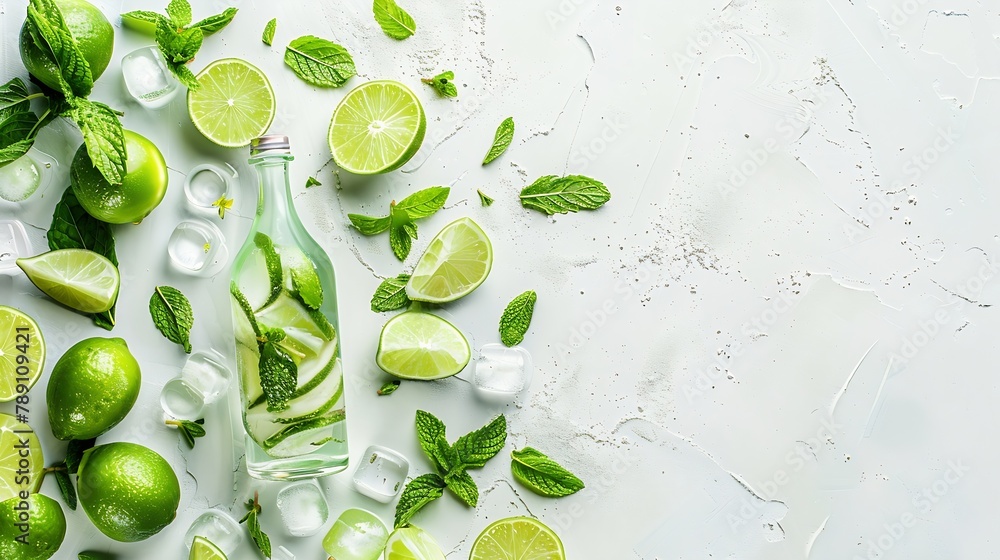 Aufkleber Flatlay of mojito cocktail with lime fresh mint and ice bottle with mojito on white texture background close up Summer refreshment citrus drink Top view and copy space : Generative AI