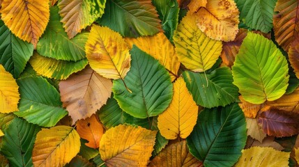 Obraz premium Vibrant hues of green yellow and orange blanket the autumn park in a stunning collection of beautiful colorful leaves