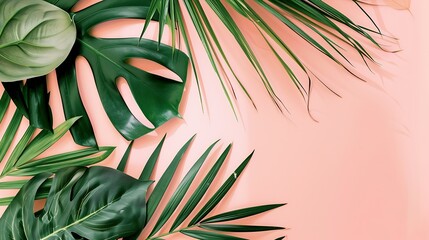 Fototapeta na wymiar Tropical leaves on pastel pink background minimal concept Flat lay : Generative AI