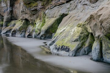 Green algae growing on rocks on the beach at Three Sisters, Tongaporutu, Taranaki, New Zealand.