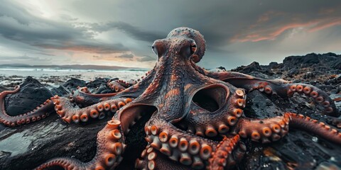 A large octopus is on a rocky shore