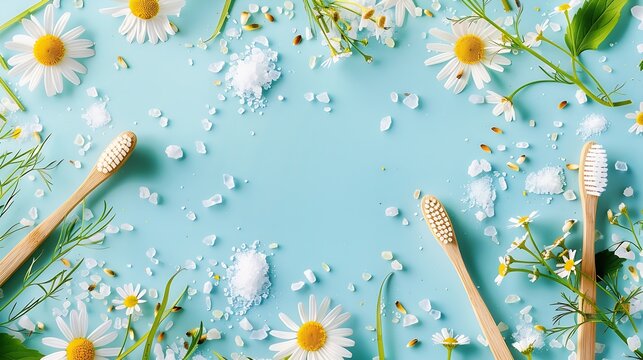 Bamboo toothbrushes beautiful chamomile flowers sea salt and herbs on turquoise background flat lay : Generative AI