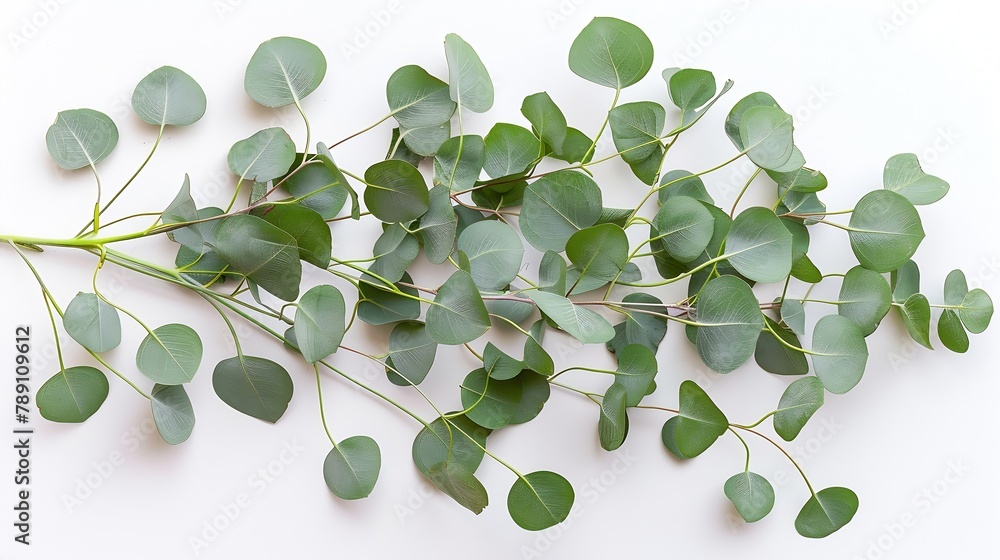 Aufkleber green eucalyptus branches on a white background flat lay top view : generative ai