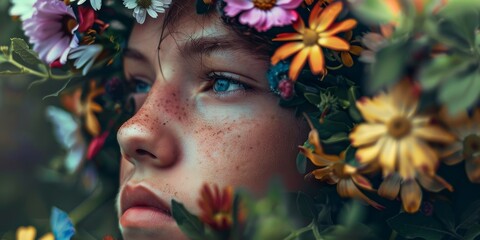 A woman is wearing a flower crown and has blue eyes