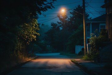 : A quiet street at night, with a single streetlight casting a warm circle of light